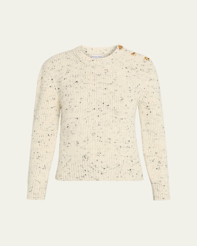 Button-Shoulder Speckled Rib Crewneck Sweat